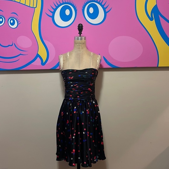 H by Halston Black Strapless Silk Polka Dot Dress Confetti Print NWT